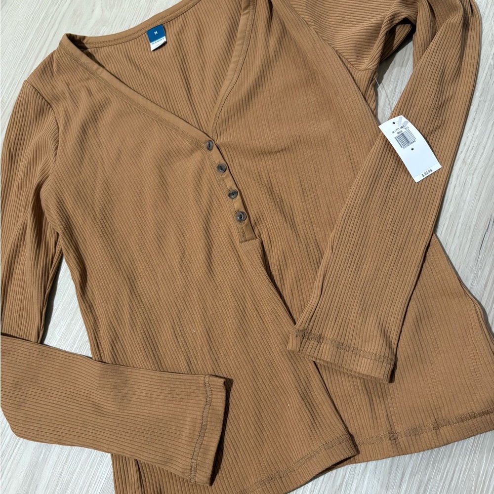 Women's Mustard Tan Yellow Ribbed Long Sleeve Top